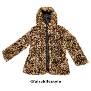 HADDUDYI Leopard FAUX FUR COAT w/Hood - Size L